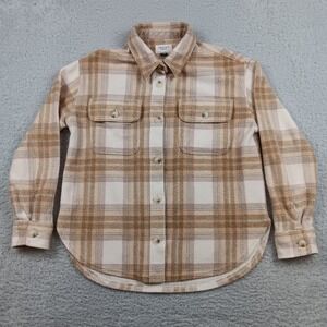 American Eagle Shacket Women XS Tan Cream Plaid Fleece Button Up Pocket